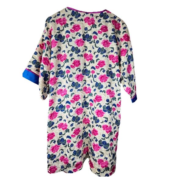 Floral Satin Sleep Robe Women Size M Blue Pink Tie Front Loungewear - Picture 2 of 16